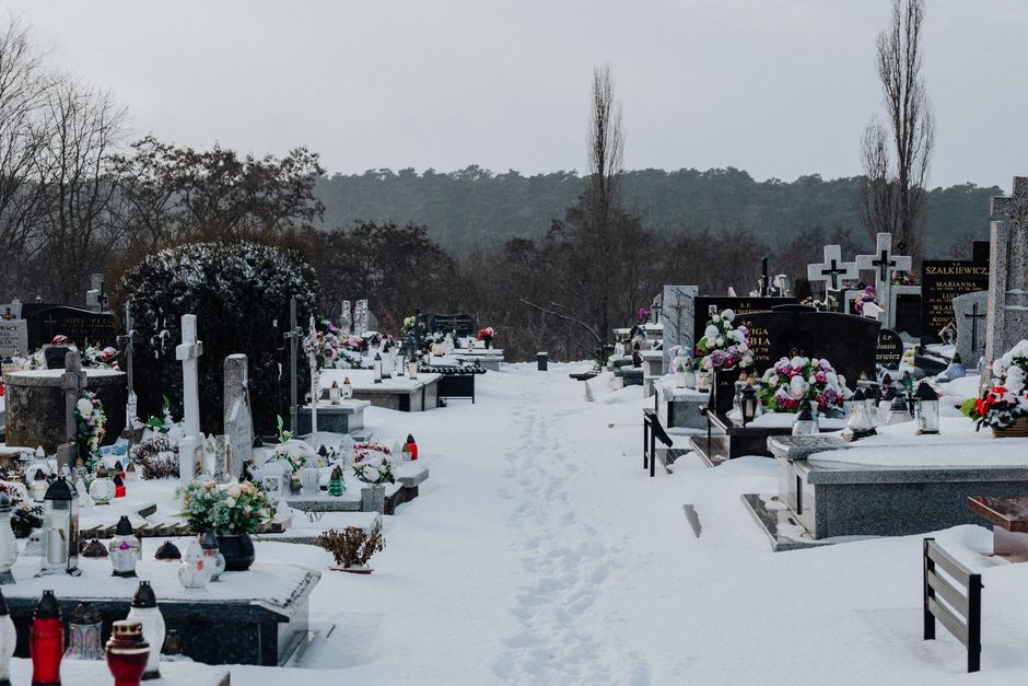 A wide view of a snow-covered cemetery with numerous gravestones adorned with colorful floral tributes, including bouquets of pink, white, and purple flowers, some wrapped in decorative paper or place